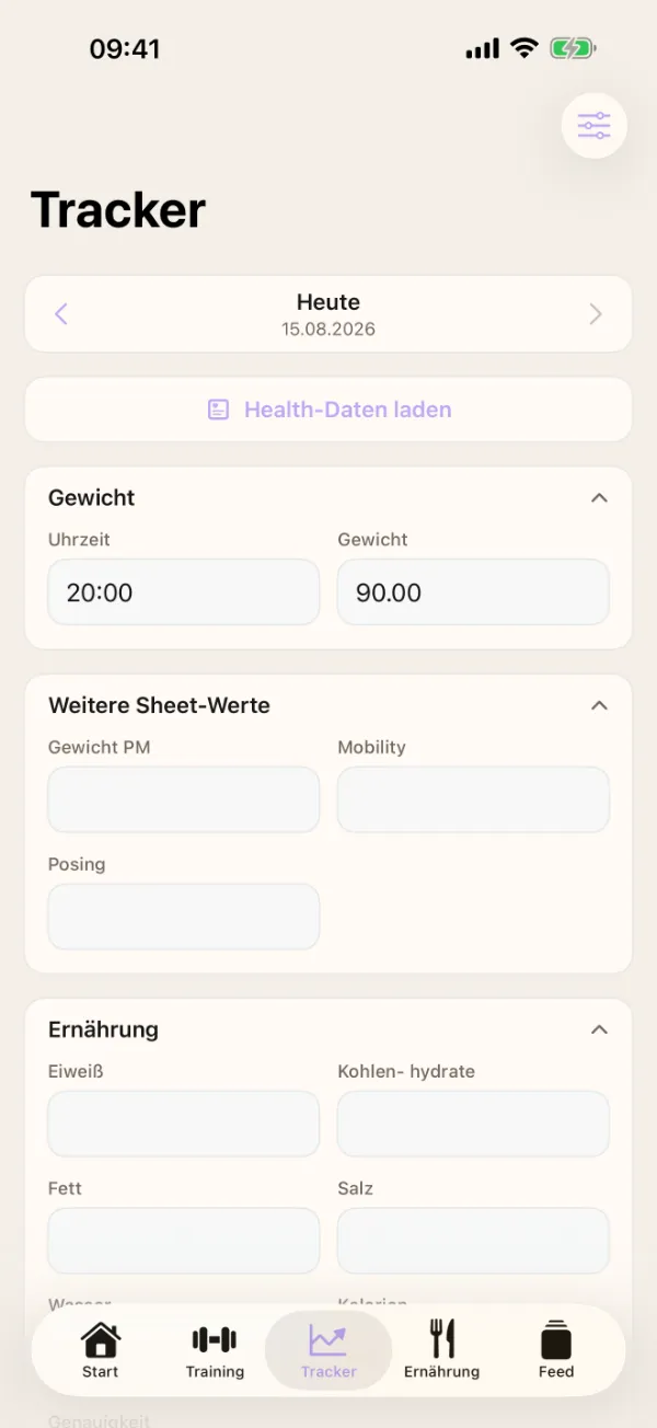 App-Ansicht Tracker mit Tageswerten