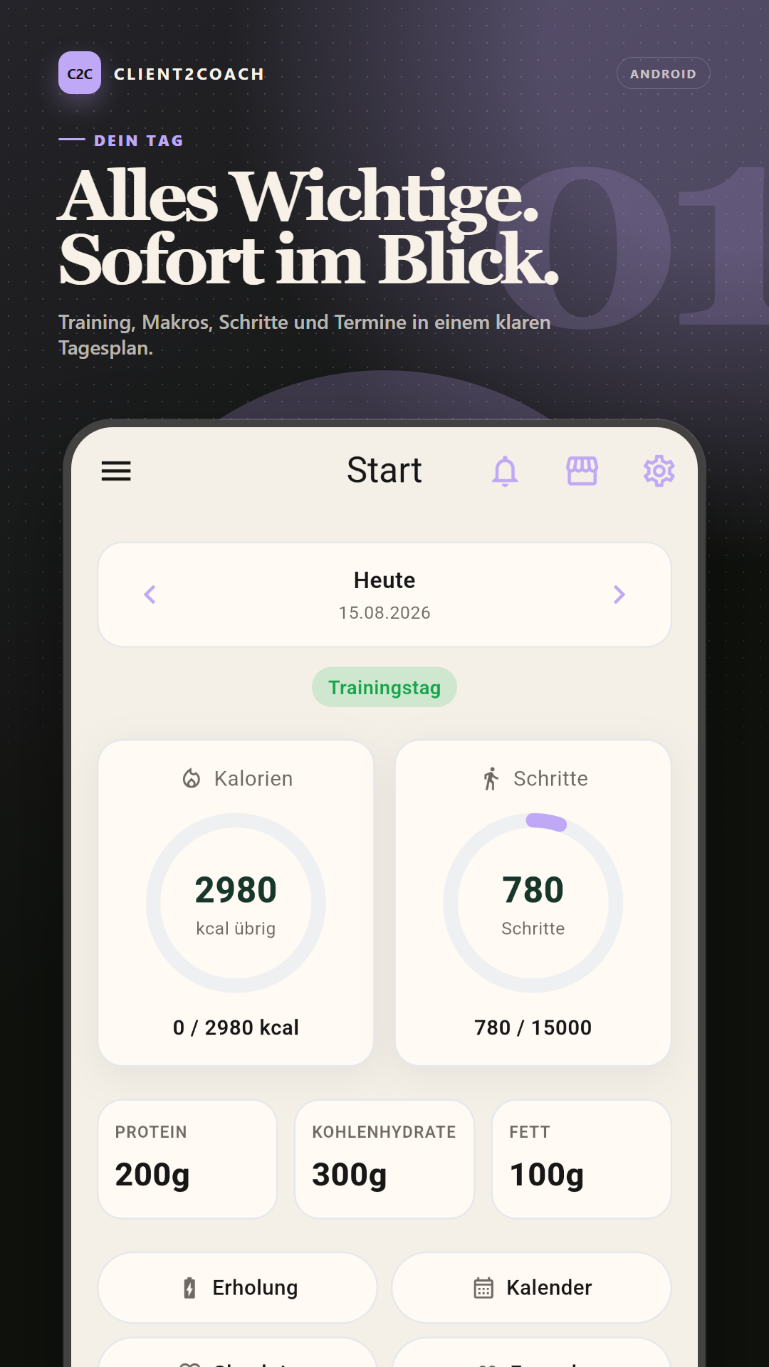 Android: Tagesübersicht mit Training, Makros, Schritten und Terminen