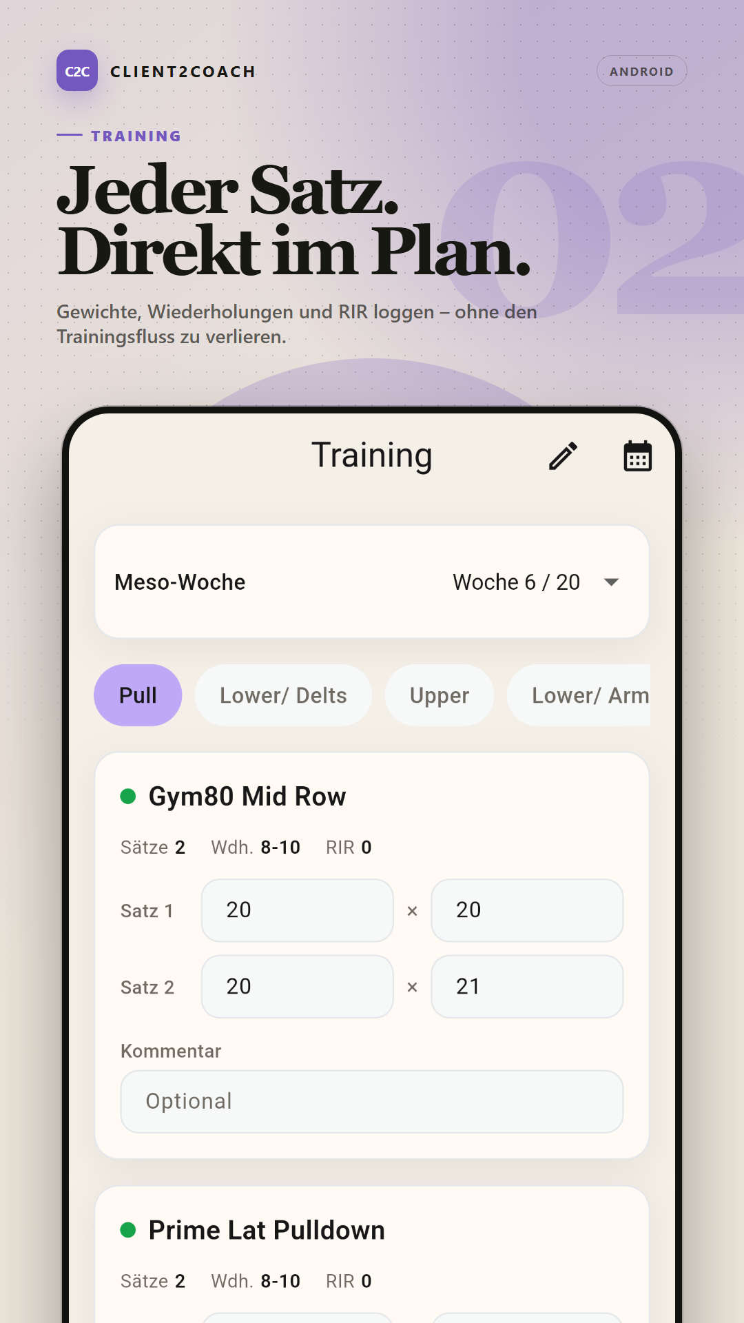 Android: Trainingsplan mit Sätzen, Gewichten, Wiederholungen und RIR