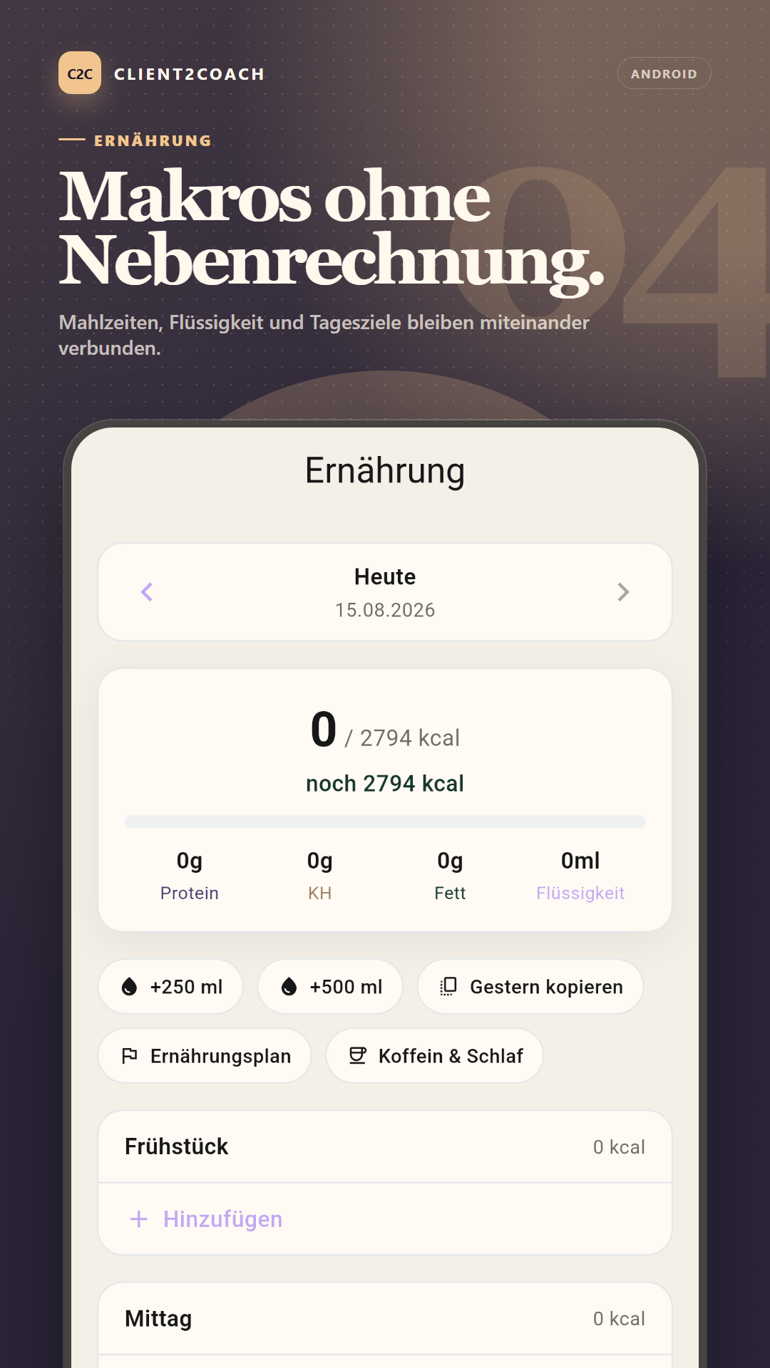 Android: Ernährungstagebuch mit Makros, Flüssigkeit und Mahlzeiten