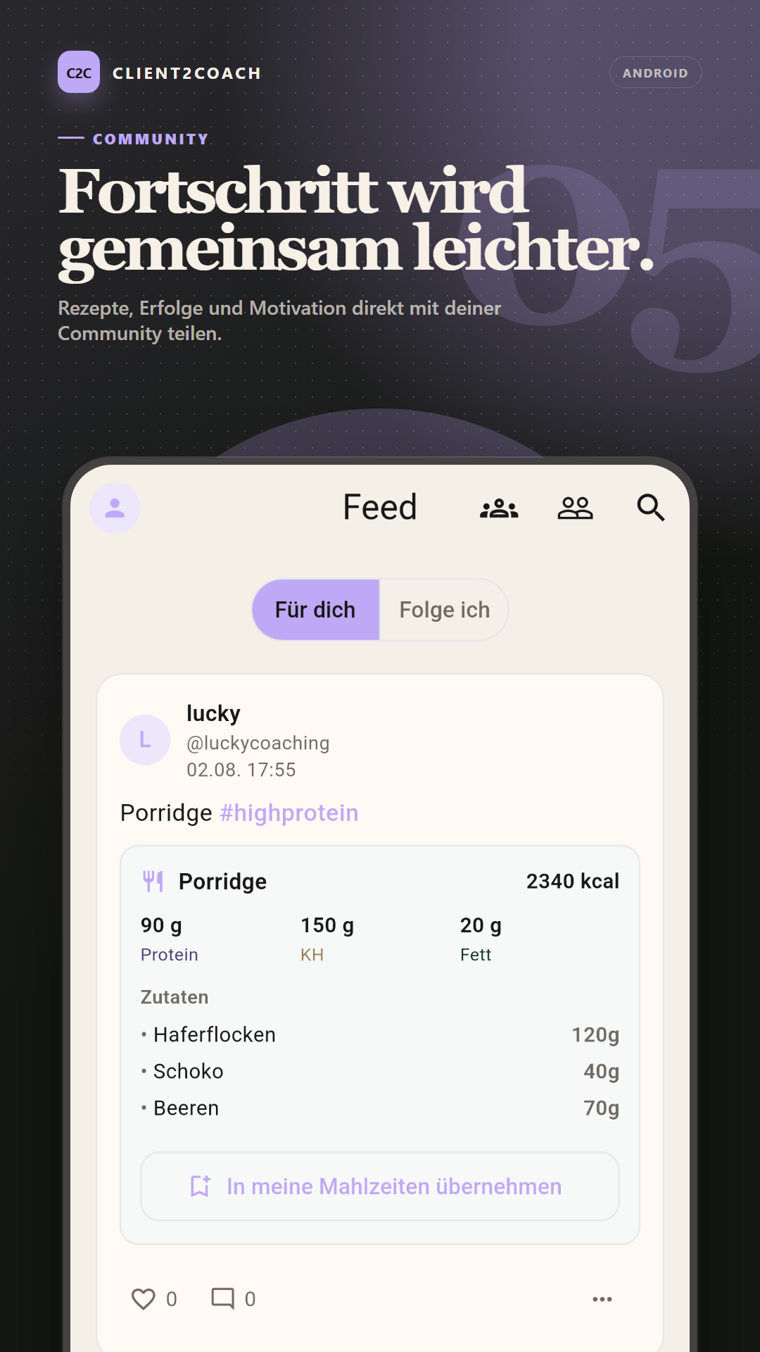 Android: Community-Feed mit Rezepten und gemeinsamen Erfolgen