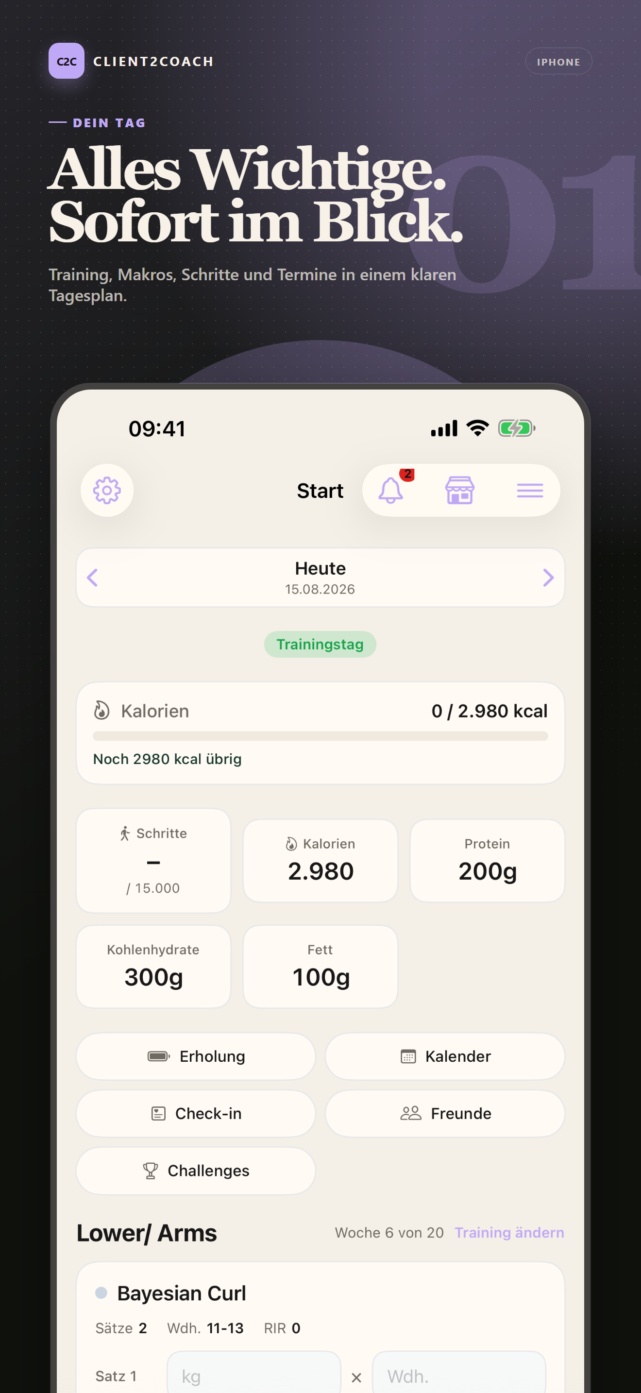 iOS: Tagesübersicht mit Training, Makros, Schritten und Terminen