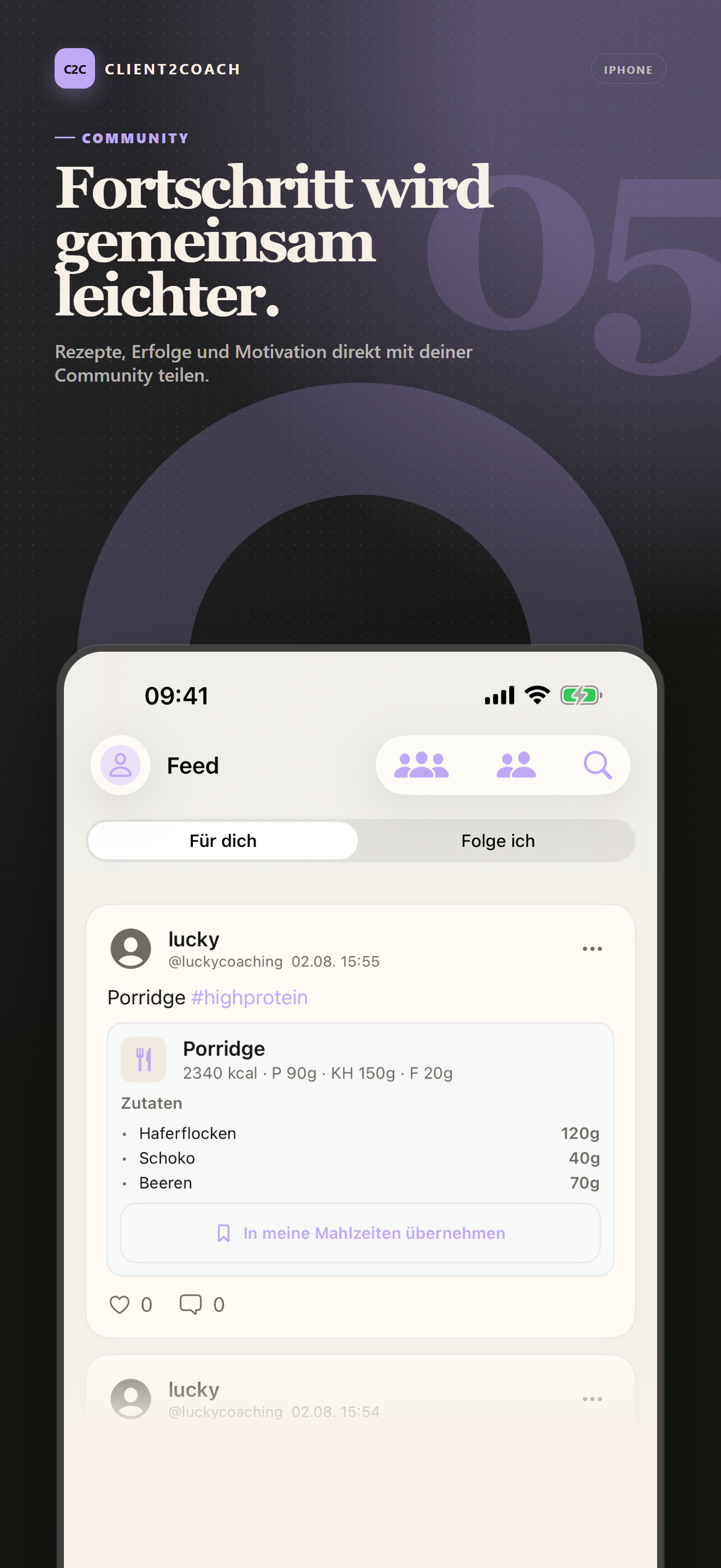 iOS: Community-Feed mit Rezepten und gemeinsamen Erfolgen